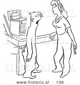 Historical Vector Illustration of a Shocked Cartoon Male Worker Looking at an Attractive Woman Holding Tools - Black and White Outlined Version by Al