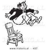 Historical Vector Illustration of a Surprised Retro Man Jumping out of a Shocker Prank Chair - Black and White Version by Al