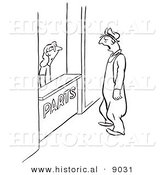 Historical Vector Illustration of a Tired Cartoon Male Worker Talking to a Woman Working at a Parts Store - Black and White Outlined Version by Al