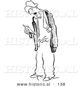 Historical Vector Illustration of a Tired Male Worker Staring at His Time Sheet - Black and White Outlined Version by Al