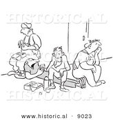 Historical Vector Illustration of a Unhappy Cartoon Workers Eating Lunch - Black and White Outlined Version by Al