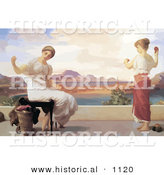 Historical Vector Illustration of a Woman and Her Child Winding Yarn Outdoors on a Patio - Winding the Skein - Frederic Lord Leighton by Al