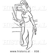Historical Vector Illustration of an Alerted Cartoon Female Worker Standing Beside a Tool Box While Staring at Something - Black and White Outlined Version by Al