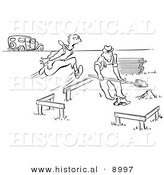 Historical Vector Illustration of an Alerted Cartoon Man Running Towards a Man Who Started to Dig a Hole with a Shovel - Black and White Outlined Version by Al