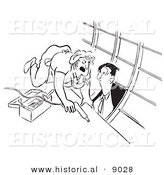 Historical Vector Illustration of an Angry Cartoon Female Airplane Factory Worker Staring down a Distracting Man Popping in - Black and White Outlined Version by Al