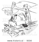 Historical Vector Illustration of an Angry Cartoon Manager Yelling at an Airplane Assembly Factory Receptionist - Black and White Outlined Version by Al