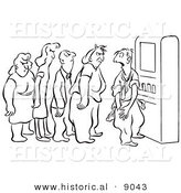 Historical Vector Illustration of an Embarrassed Cartoon Man Asking Angry Angry People Waiting in Line at a Vending Machine - Black and White Outlined Version by Al