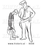 Historical Vector Illustration of an Intimidating Cartoon Police Officer Staring at an Embarrassed Man Who Forgot Pants to Put Pants on Before Leaving Home - Black and White Outlined Version by Al