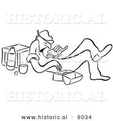 Historical Vector Illustration of an Unhappy Cartoon Man Eating a Sandwich for Lunch - Black and White Outlined Version by Al