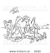 Historical Vector Illustration of Cartoon Birds Surrounding Men Trying to Eat Lunch Outside - Black and White Outlined Version by Al