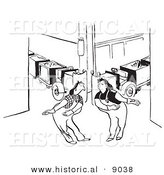 Historical Vector Illustration of Courteous Cartoon Female Factory Workers - Black and White Outlined Version by Al