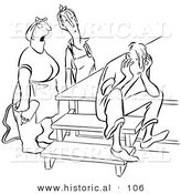 Historical Vector Illustration of Curious Cartoon Women Watching a Depressed Man Sitting on Steps by Himself - Black and White Outlined Version by Al
