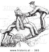 Historical Vector Illustration of Friends Helping a Man up a Steep Hill - Black and White Version by Al