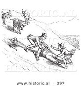 Historical Vector Illustration of Friends Helping Man Who Fell off His Donkey While Traveling up a Steep Mountain - Black and White Version by Al