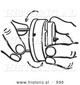 Historical Vector Illustration of Hands Winding a Retro Novelty Hand Buzzer Toy - Outlined Version by Al
