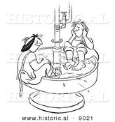 Historical Vector Illustration of Happy Female Workers Soaking Their Feet in a Hot Water Bin at Work - Black and White Outlined Version by Al