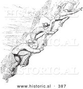 Historical Vector Illustration of Men Climbing a Steep Mountain Slope - Black and White Version by Al