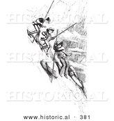 Historical Vector Illustration of Men Descending down a Steep Hill - Black and White Version by Al