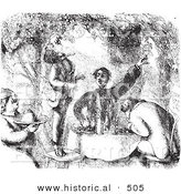 Historical Vector Illustration of Men Eating Grapes with Breakfast - Black and White Version by Al