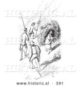 Historical Vector Illustration of Men Walking past a Woman While Hiking up a Mountain - Black and White Version by Al