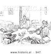 Historical Vector Illustration of Rushed Travelers Waking up and Getting Ready to Leave Quickly - Black and White Version by Al
