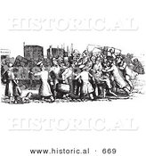 Historical Vector Illustration of Travelers Surrounded by Local People Wanting to Offer Services - Black and White Version Travelers Surrounded by Local People Wanting to Offer Services by Al