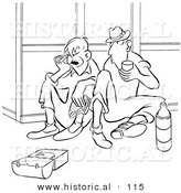 Historical Vector Illustration of Two Cartoon Workers Eating Lunch Together - Black and White Outlined Version by Al