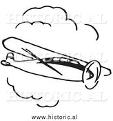 Illustration of a Flying Airplane and Clouds - Black and White by Al