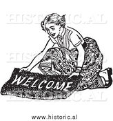 Illustration of a Smiling Young Lady Laying down a Welcome Mat - Black and White by Al