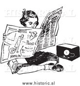 Illustration of a Teen Girl Reading Newspaper While Sitting on Floor Beside Radio by Al