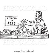 Illustration of a Young Lady Looking Through Pile of Clothes on Sale by Al