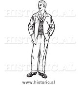 Illustration of a Young Man Standing with His Hands in Jacket Pockets - Black and White by Al