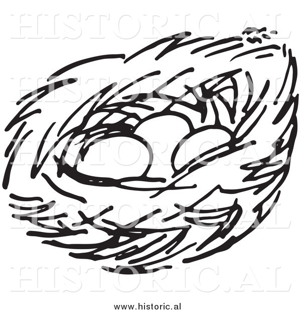 Clipart of a Bird Nest with Three Eggs - Black and White Line Art