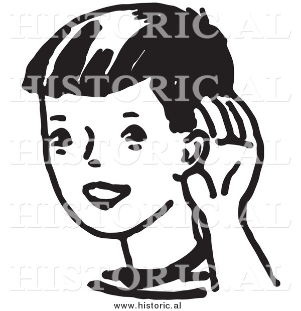 Clipart of a Boy Cupping His Ear While Trying to Hear Something Far Away - Black and White Drawing