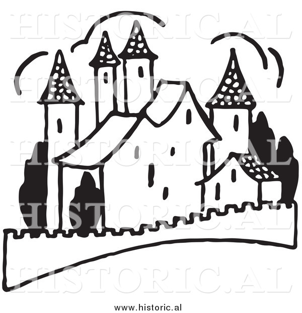 Clipart of a Castle with Fence - Black and White Drawing