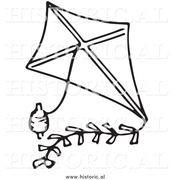 Clipart of a Classic Kite with String - Black and White Drawing