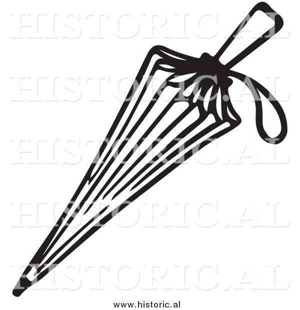 Clipart of a Closed Umbrella with String Handle - Black and White Line Drawing