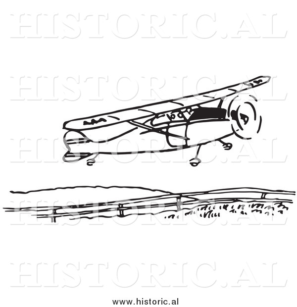 Clipart of a Compact Airplane Taking Flight - Black and White Drawing