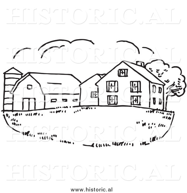 Clipart of a Farm House with Silo and Barn - Black and White Drawing