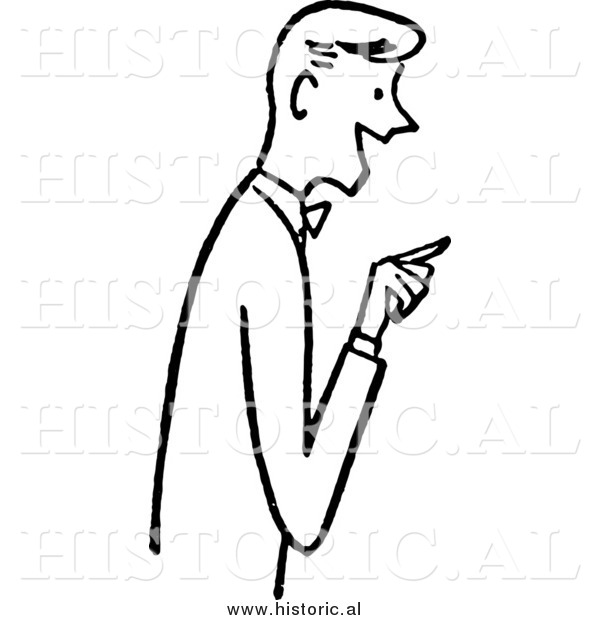 Clipart of a Friendly Young Man, Smiling While Pointing His Finger - Retro Black and White Design