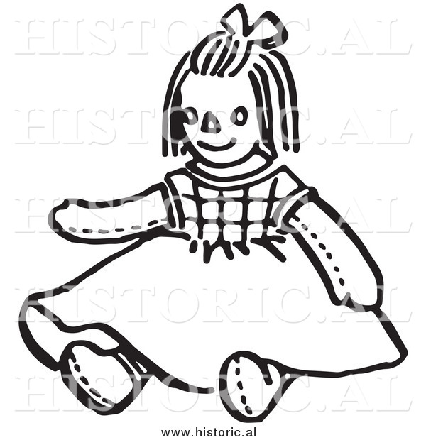 Clipart of a Girl Doll Wearind a Dress - Black and White Line Drawing