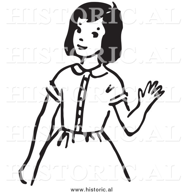 Clipart of a Girl Waving Hello with Smile - Black and White Drawing