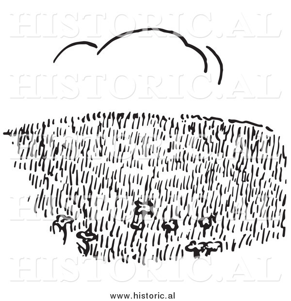 Clipart of a Grass Hillside Field with Cloud in Background - Black and White Line Art