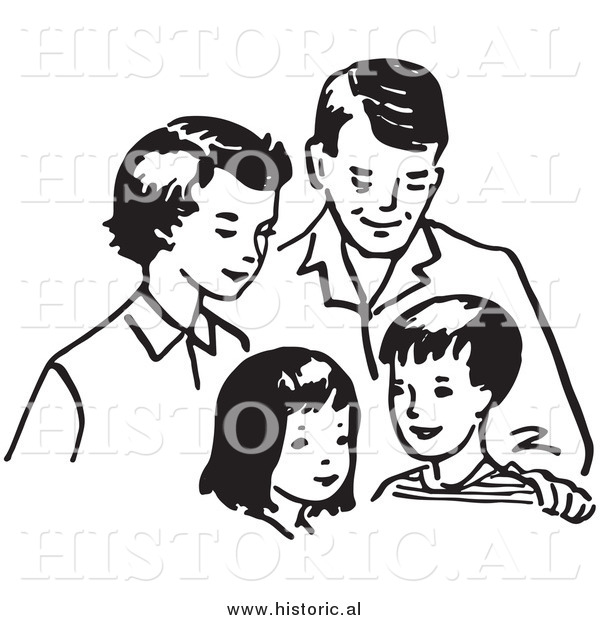 Clipart of a Happy Family Together: Mom, Dad, Daughter, and Son - Black and White Outline