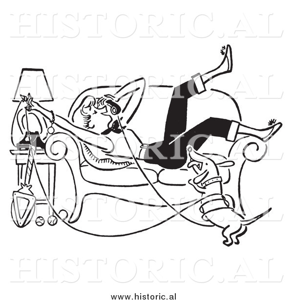 Clipart of a Happy Teenage Girl Talking on a Telephone While Sitting on a Couch Beside Her Dog - Black and White Drawing