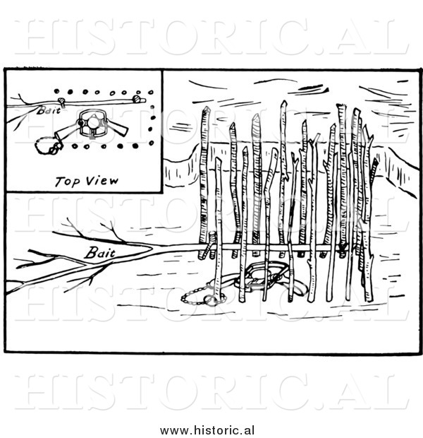 Clipart of a Set Beaver Trap Under Ice with Multiple Views - Black and White