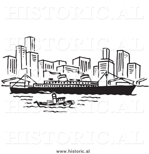Clipart of a Ship and Boat Traveling near a City - Black and White Line Art