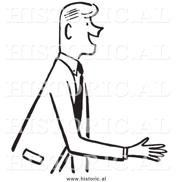 Clipart of a Smiling Businessman Reaching out for Handshake - Black and White Drawing