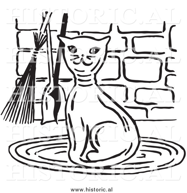Clipart of a Smiling Cat Beside Fireplace Tools - Black and White Retro Drawing