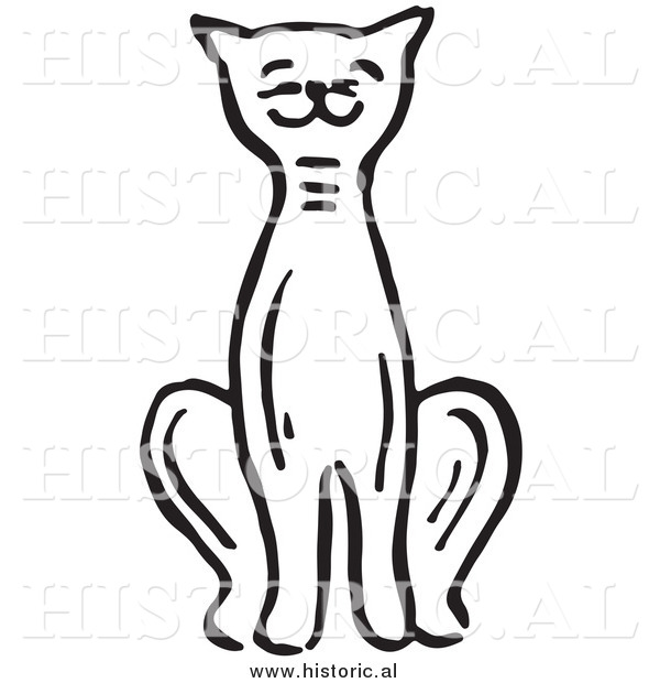 Clipart of a Smiling Cat Sitting - Black and White Line Art